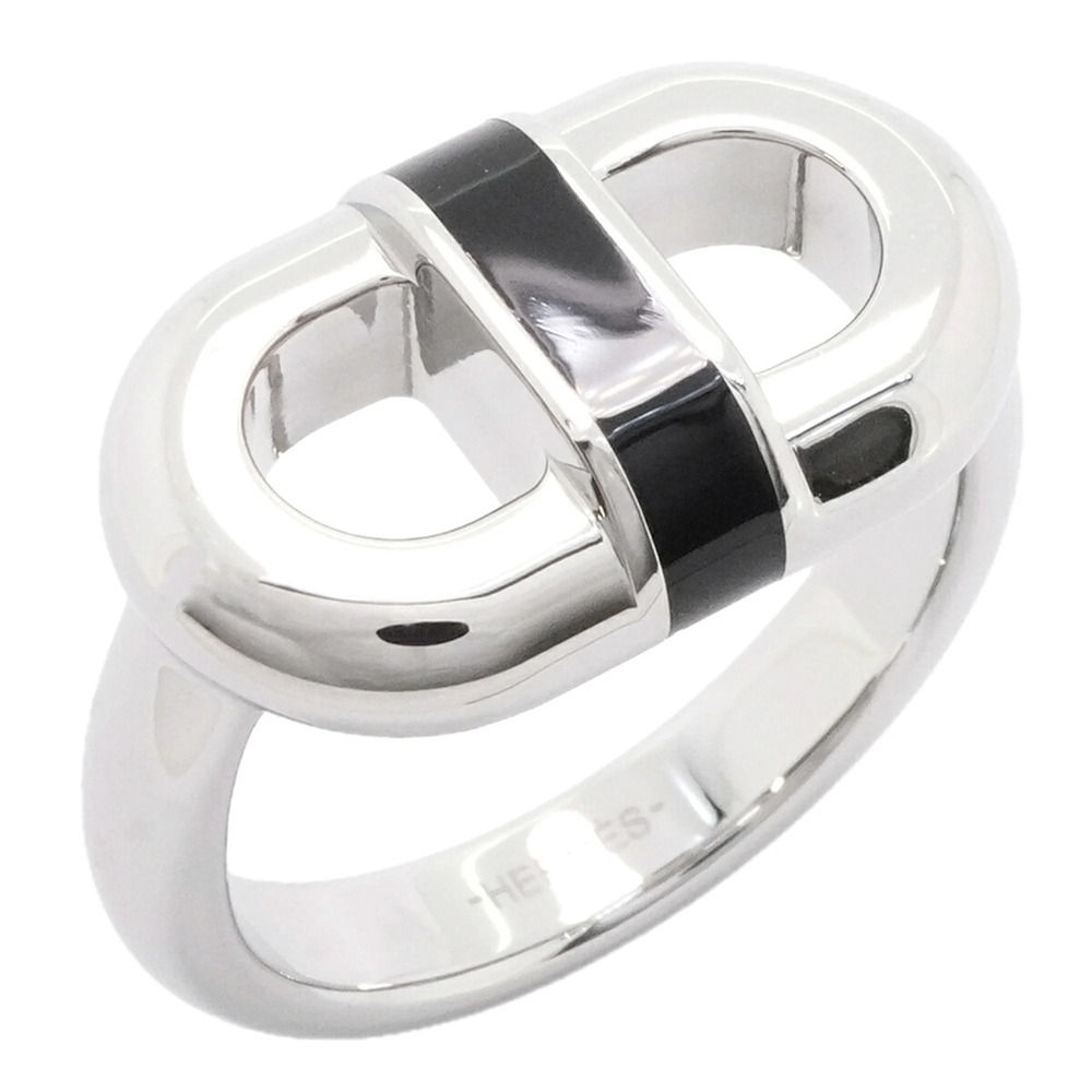 Hermes Maillon Metal Ring, Silver and Black, Size #58, Men's